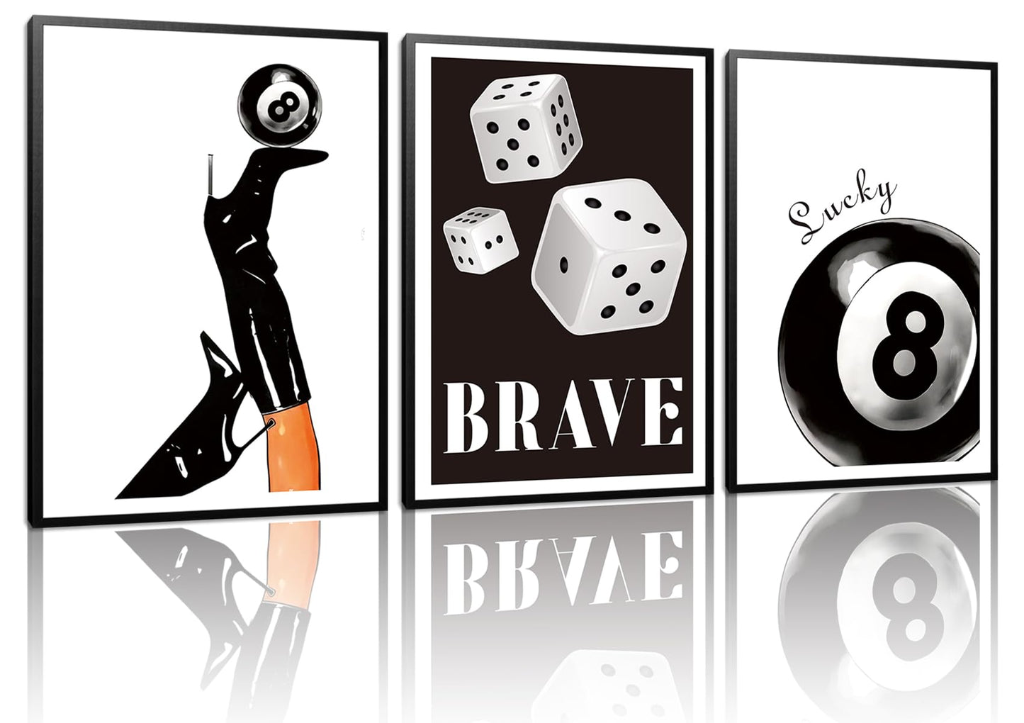 Framed Black And White Dice Wall Art Set of 3, Funky Retro Y2K Trendy Preppy, Lucky 8 Ball Coquette Boots Poster Canvas Prints for Game Room Bedroom Dorm Home Decor 16x12 Inch