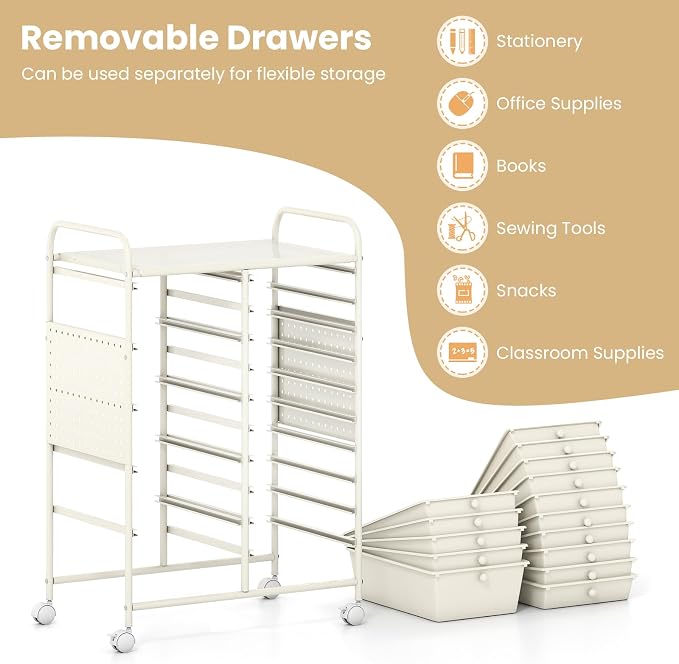 Giantex 15 Drawer Storage Cart, Rolling Craft Cart with Metal Tabletop & Pegboard, Mobile Utility Organizer Trolley with Locking Wheels, Home Office, Ivory