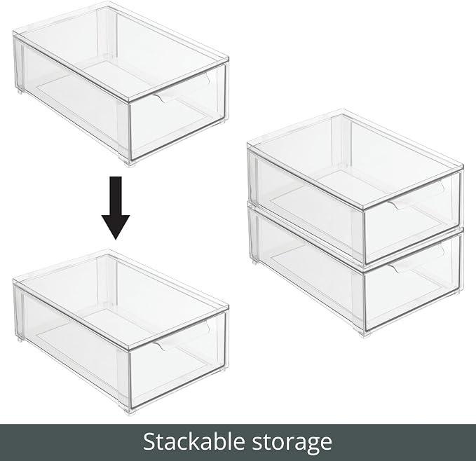 mDesign Plastic Stackable Bathroom Storage Organizer Bin Containers with Front Pull Drawer for Bathroom Countertop, Vanity, Closet Shelves - Holder for Beauty Accessories - Lumiere Collection - Clear