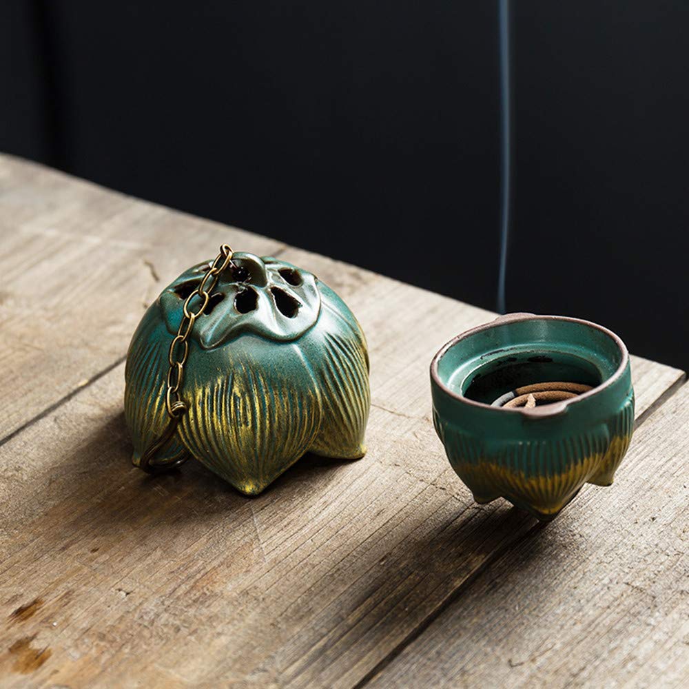 Primst Lotus Furnace Hollow Hanging Ball Incense Burner, Ceramic Backflow Incense Cones and Incense Coil Holder for Home Office Ornament Decoration