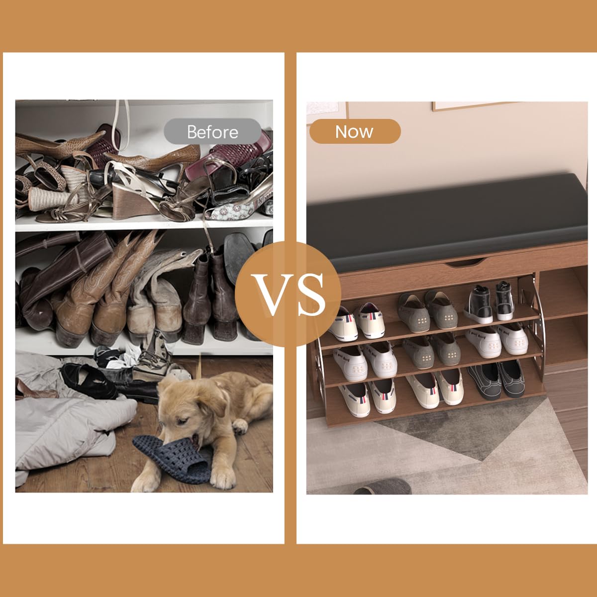 HOMEMORE Shoe Storage Bench Entryway Shoe Bench with Adjustable 3-Tier Flip-Up Shoe Rack Wooden Shoe Cabinet with Seat Cushion for Hallway Living Room