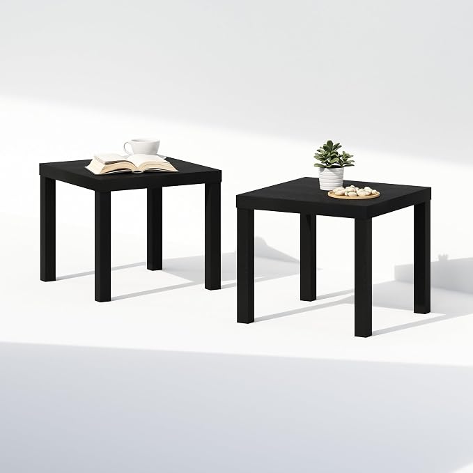 Furinno Classic Coffee Table Set of 2, Square Modern Coffee Table with Triple Thick Tabletop, Side Table with 4 Legs, for Living Room, Bedroom, Home Office, Black