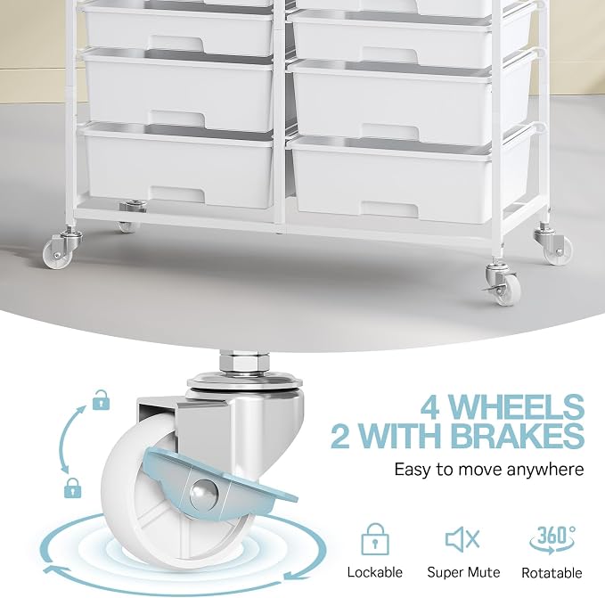 Rolling Storage Cart with 12 Drawers, Wooden Tabletop Utility Cart for Craft Storage, Art Supply Storage & Home Office Organization, Teacher Cart with Wheels for Classroom, School (White)