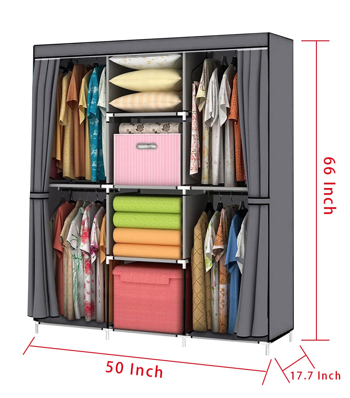 YOUUD Portable Closet 50 Inch Wardrobe for Hanging Clothes with Non-Woven Fabric Cover, 4 Hang Rods and 4 Storage Organizer Shelves, Black, Quick and Easy Assembly