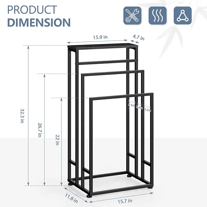 Freestanding Towel Rack for Bathroom 3 Tier Metal Floor Towel Stand Industrial Blanket Ladder Holder with Storage Shelf for Bedroom Living Room, Black
