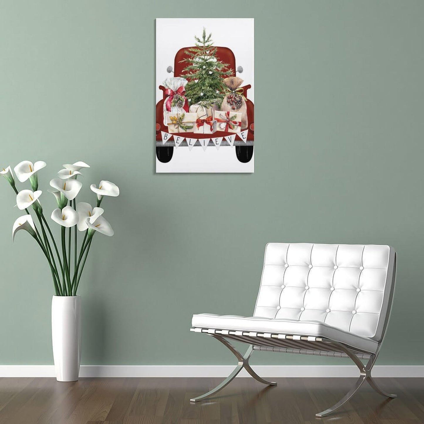 LohxA Festive Red Truck Believe Banner Tree Presents Print - Custom Holiday Wall Decor ， Christmas Signs P Canvas Wall Art Print Poster For Home School Office Decor 12x18inch(30x45cm)