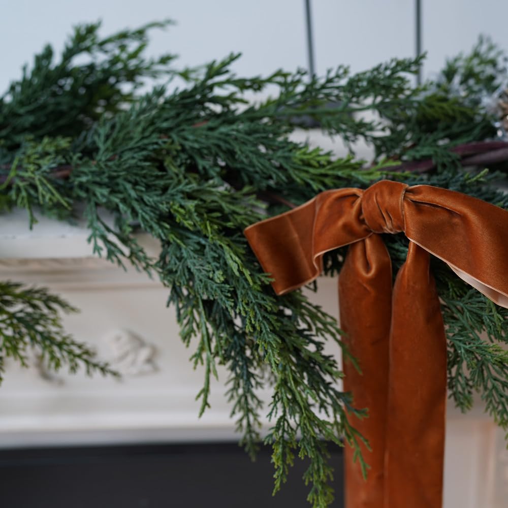 Christmas Cedar Garland,1Pcs 6ft Real Touch Cedar Pine Garland for Mantle Fireplace Outdoor Indoor Christmas Decorations