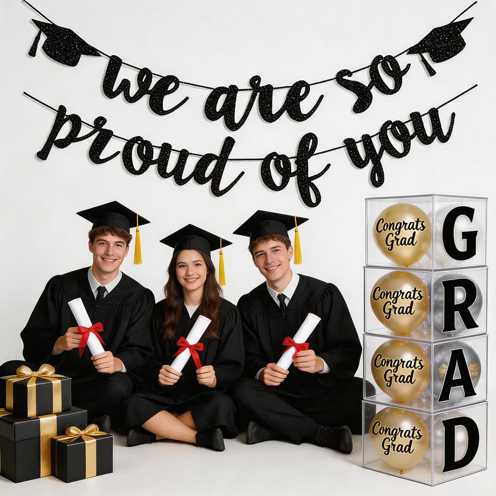 2026 Graduation Banners Party Decorations, Black Glitter We are So Proud of You Graduation Banners Garland for Congratulation Graduations Party Supplies, School, Home, Car Decorations