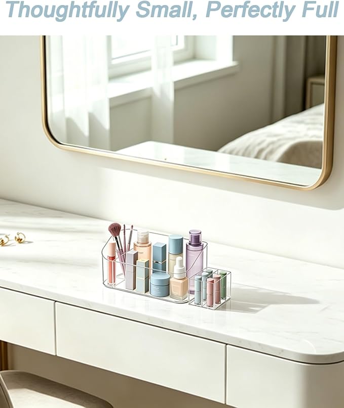 Makeup Tray Holder Organizer Cosmetic Display Case Tabletop Desktop Vanity Countertop Bathroom Wall Cabinet Medicine Storage Box 9 Dividers 2 Removable Women Ladies Girls Gifts Crystal Clear 1 PACK