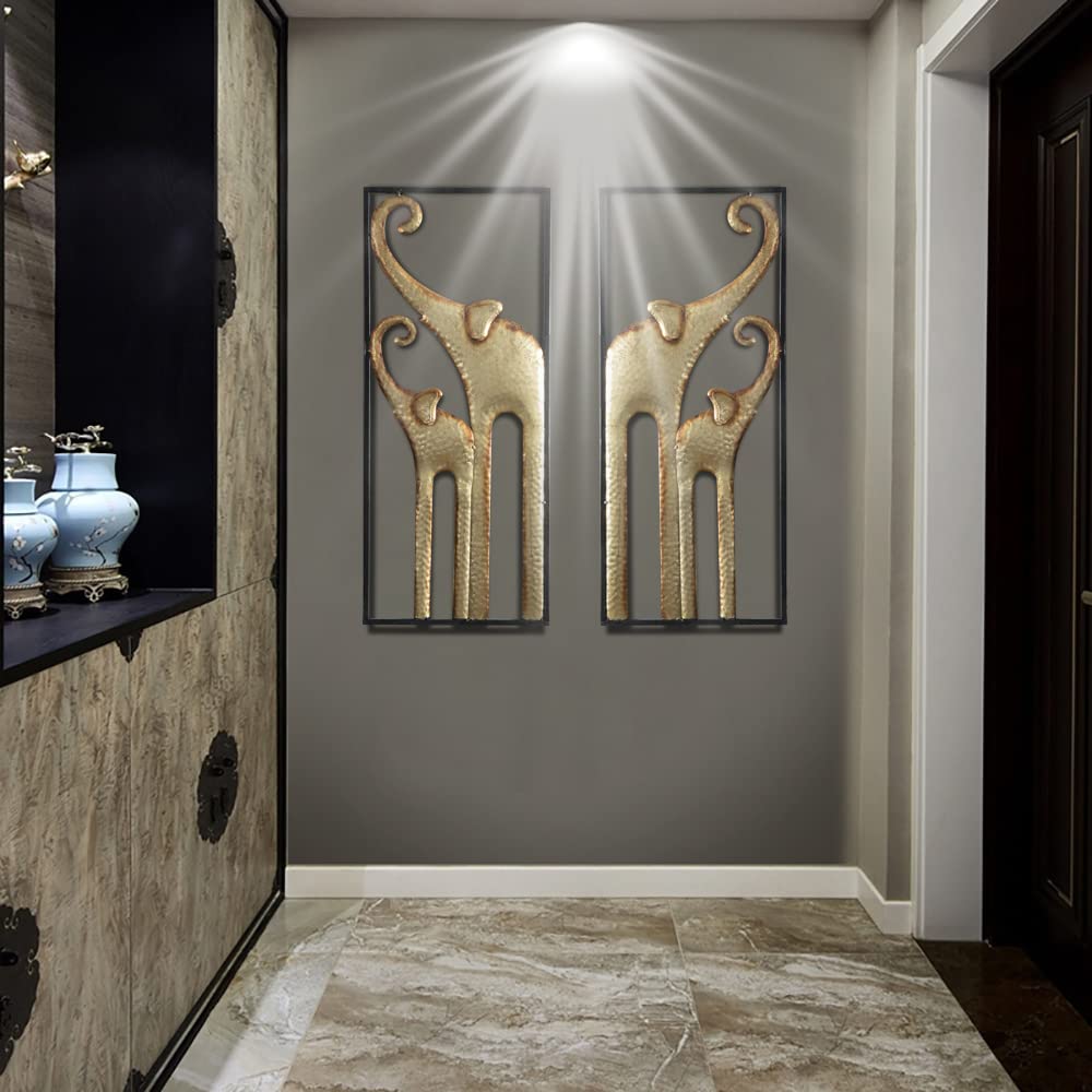 HKaikzo Gold Elephant Wall Decor Set of 2, African Metal Wall Art Large 3D Sculptures for Living Room, Boho Animal Decorations Modern Wall Hanging Gift for Housewarming(11.8x27.6in)