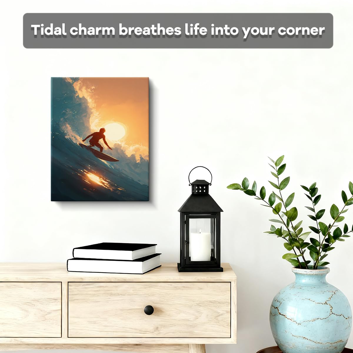 WOXZQ Sunset Surf Wall Art Surfer Silhouette Wall Decor Painting Blue and Golden Ocean Wave Canvas Print for Bedroom Living Room Beach House Surfing Poster Gift for Surfers 8x10 Inch