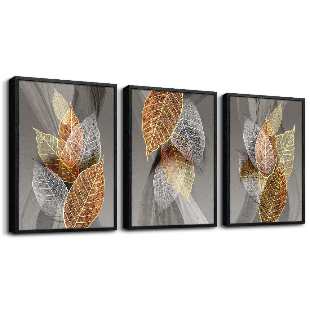 Black Framed Canvas Wall Art For Living Room Wall Decorations For Kitchen Bedroom Wall Decor Abstract Leaves Painting Inspirational Pictures Artwork Bathroom Home Decor of 3 Piece Framed Art Prints