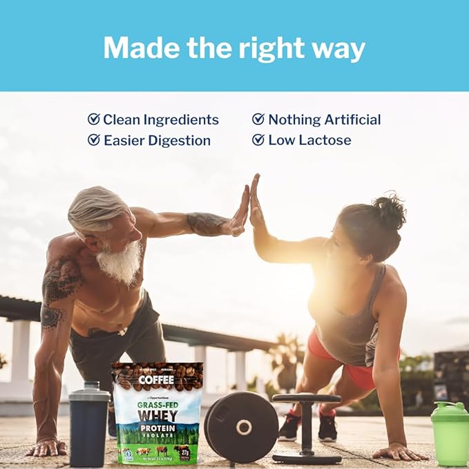 Opportuniteas Grass Fed Coffee Whey Protein Isolate Powder - 27g Protein Powder Without Artificial Sweeteners, 60mg Caffeine, Hormone-Free Cows - 5lb