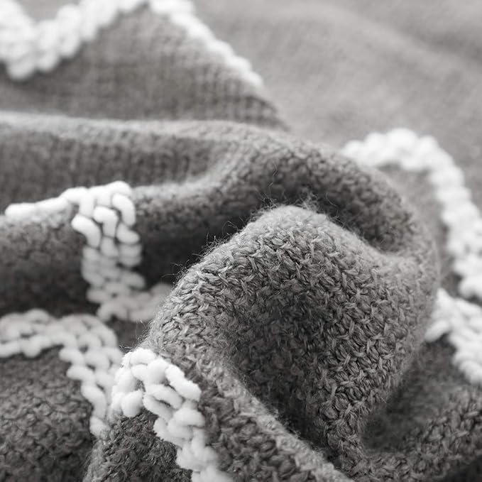BOURINA Fluffy Chenille Knitted Fringe Throw Blanket Lightweight Soft Cozy for Bed Sofa Chair Throw Blankets, Grey 50" x 60"
