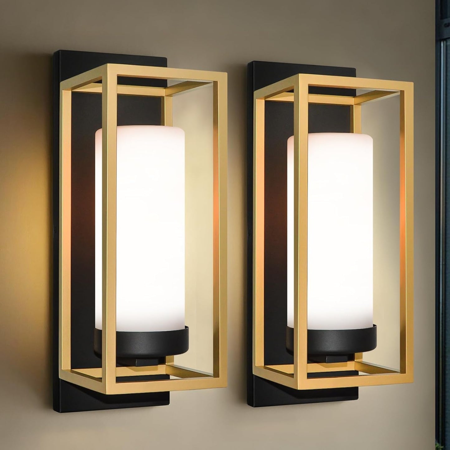 ALVIME Modern Outdoor Wall Lights 2 Pack, Brushed Gold & Matte Black Exterior Sconce, Waterproof Porch Light for House Garage Front Door Living Room Bathroom, E26 Base Etched Opal Glass