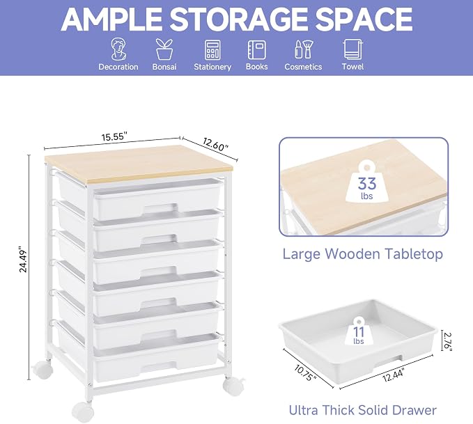 SYKIARIOL Rolling Cart with Drawers,Utility Cart with 6 Drawers,Rolling Storage Cart with Drawers and Wooden Tabletop & Lockable Wheel,White