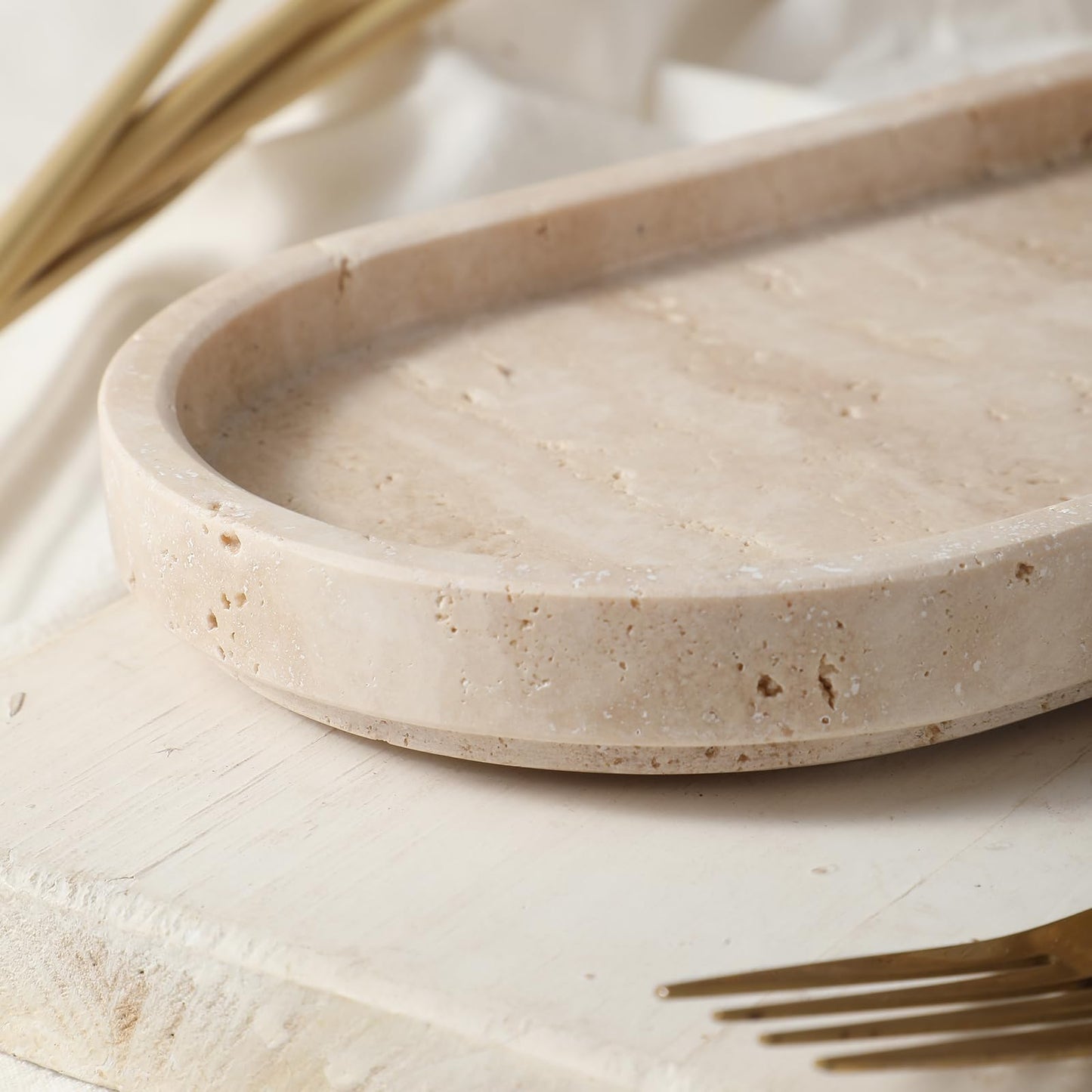 CHISELED ST DF SK Natural Travertine Oval - 10x5 Inch Bathroom and Vanity Marble Small Tray for Soap Bottle, Perfume, Aromatherapy and Jewelry Accessories - Countertop Tray with Non-Slip Raised Base