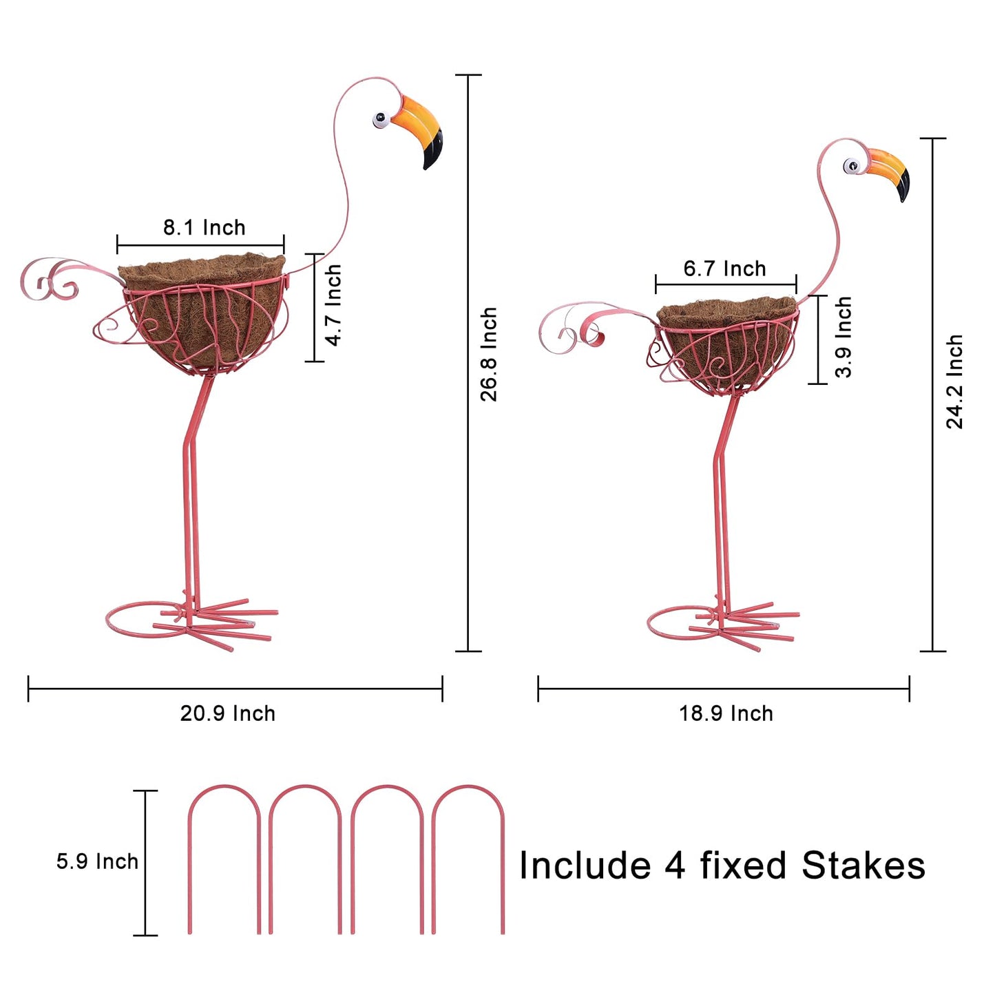 hogardeck Garden Decor for Outside, Set of 2 Pink Flamingo Planters with Basket, Metal Standing Flamingo Plant Pots Yard Art for Home Indoor Outdoor Garden Porch Lawn Patio Pool