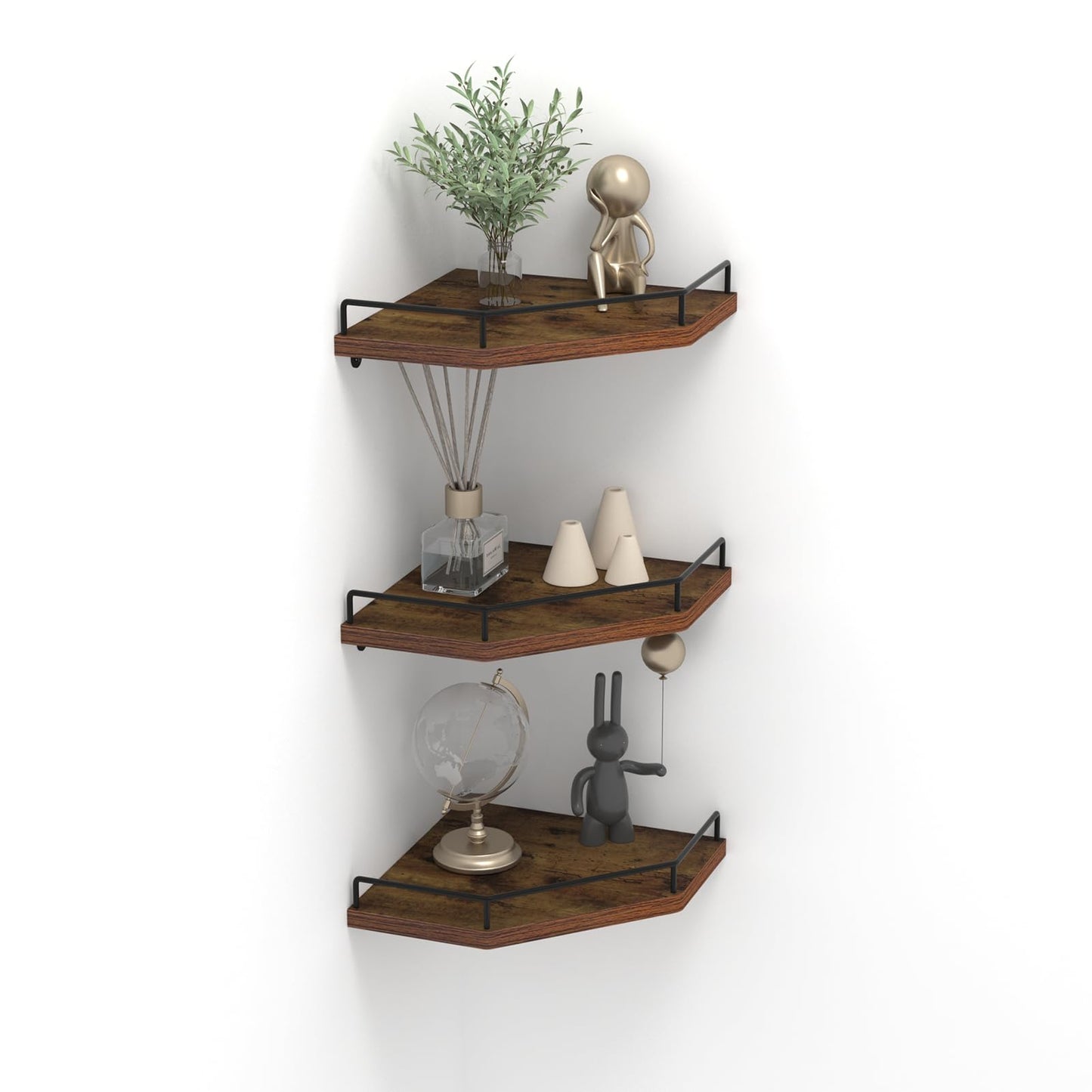 Trwcrt Corner Shelf Wall Mounted Set of 3, Floating Wall Shelves Rustic Wooden Storage Shelves for Bedroom, Bathroom, Living Room, Brown