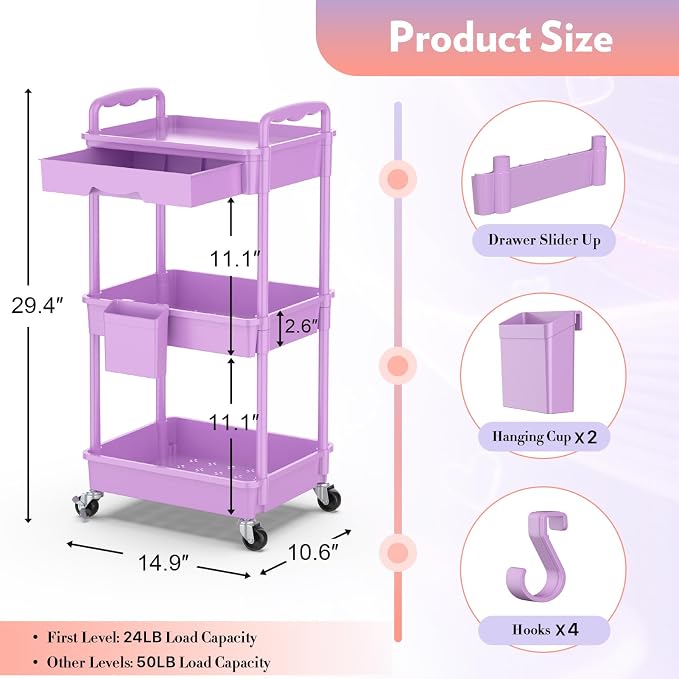 SUNALLY Makeup Cart Organizer with Drawers, Floor Skincare Organizers Vanity Storage Organizer, Rolling Makeup Bathroom Storage Cart Cosmetics Display Cases for Skin Care Perfume Nail Polish, Purple