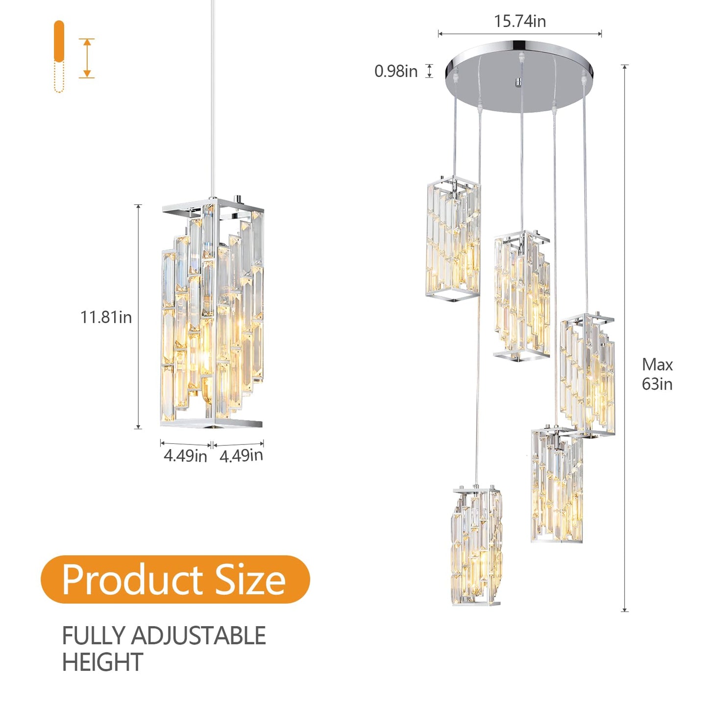 FDPBY Chrome Pendant Lighting Modern Pendant Light, Mini Crystal Chandeliers,Adjustable Pendant Light Fixture for Kitchen Island Dinning Room Bedroom (5 Light)