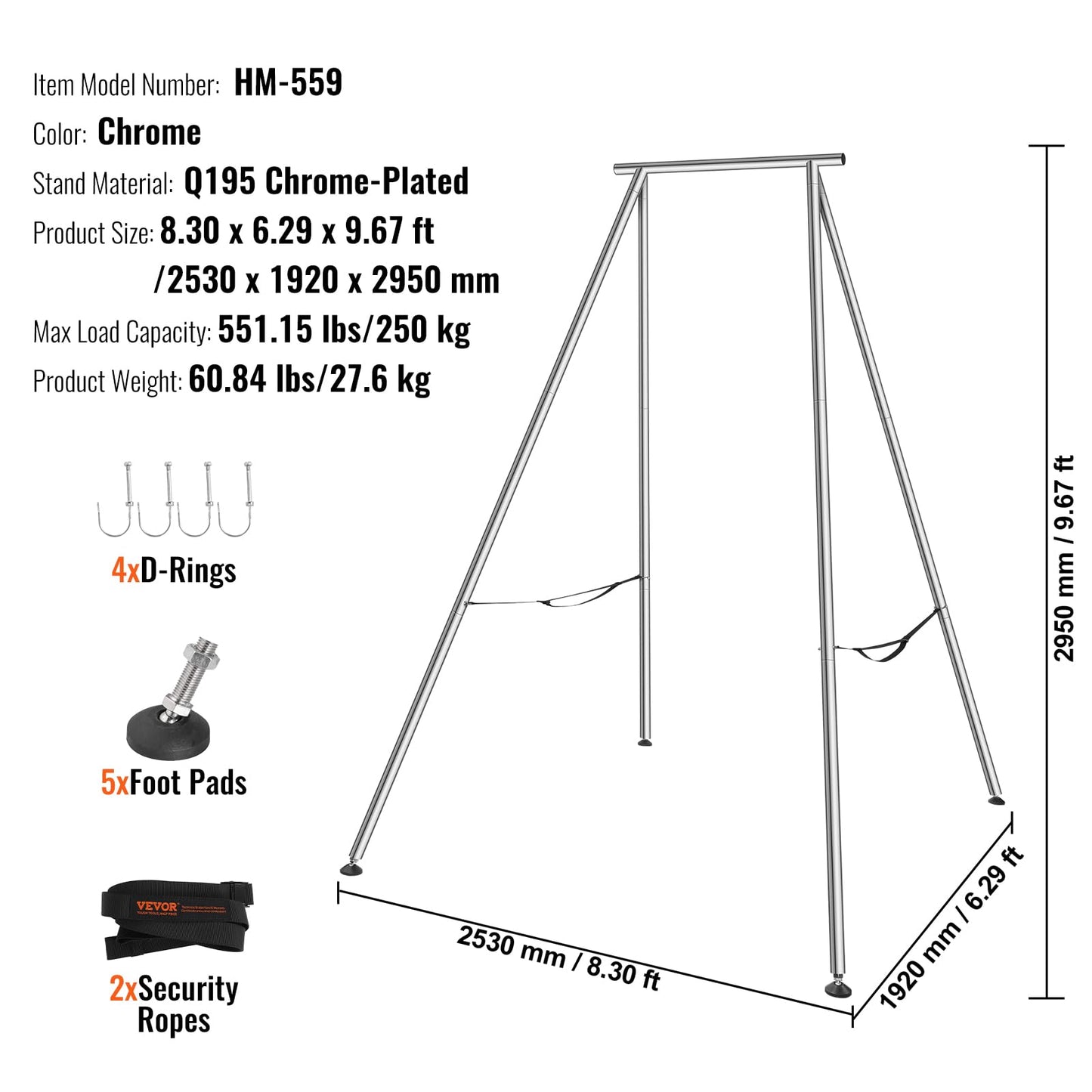 VEVOR Aerial Yoga Frame, 9.67 ft Height Swing Stand, Max 551.15 lbs Load Chrome-Plated Steel Pipe Inversion Yoga Rig for Indoor Outdoor Use