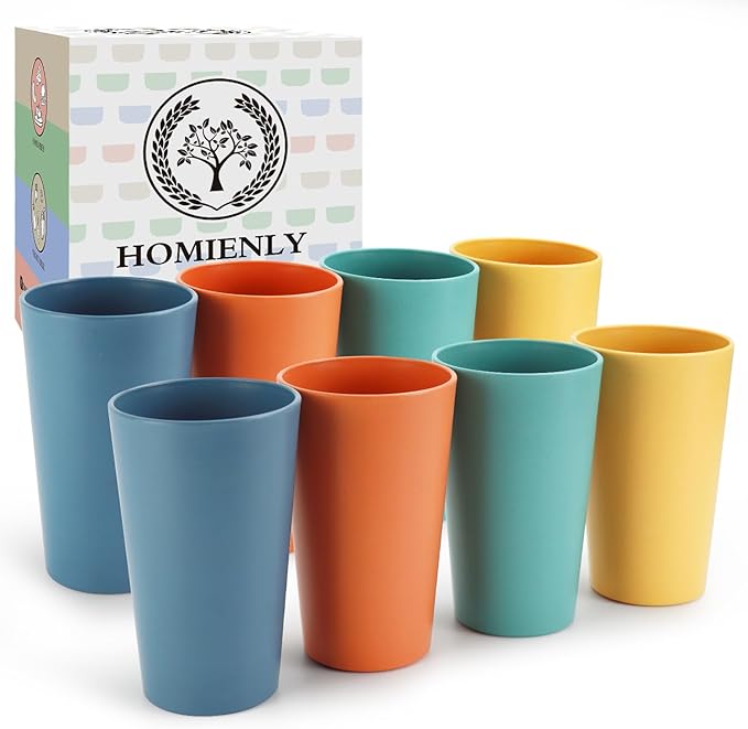 Homienly Reusable Plastic Cups - Wheat Straw Unbreakable Drinking Glasses & Water Glasses | Multi-Color Stackable Plastic Cups, Dishwasher Safe | Glassware & Cup Sets for Kitchen (20 oz 8-Pack)