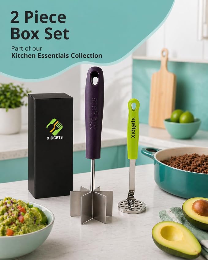 2pc Gift Set | Large Stainless Steel Meat Chopper & Masher | 6-Blade Ground Beef Chopper Tool & Mini Avocado Masher | Heat Resistant Grip | Dishwasher Safe (Midnight Plum/Zippy Green)