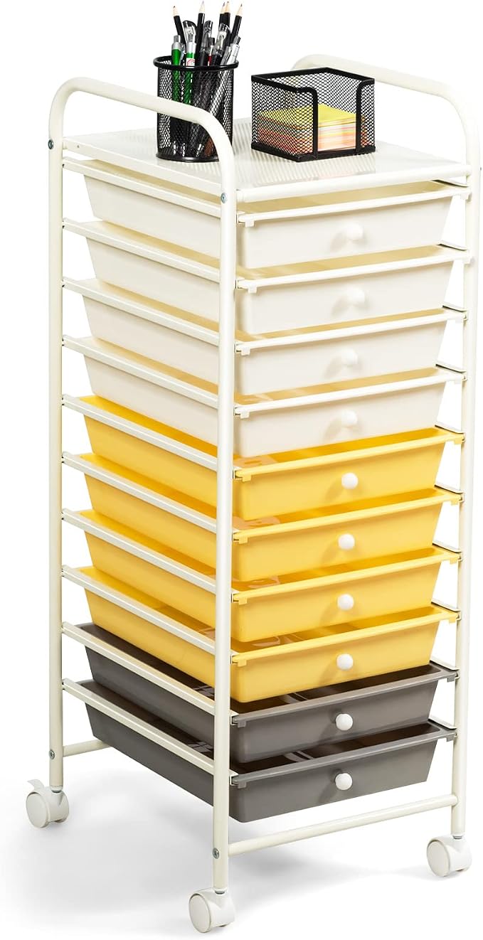COSTWAY 10-Drawer Rolling Storage Cart, Utility Mobile Trolley with Removable Drawers & Universal Casters & 2 Brakes, Versatile Flexible Drawer Organizer Cart for Home, Office (Yellow)