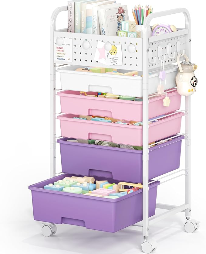 5 Drawer Rolling Storage Cart with Pegboard Top and Hooks, Mobile Organizer Cart with Wheels for Office Supplies, Craft Storage, Classroom Organization, Home Utility Cart, Dreamy Color