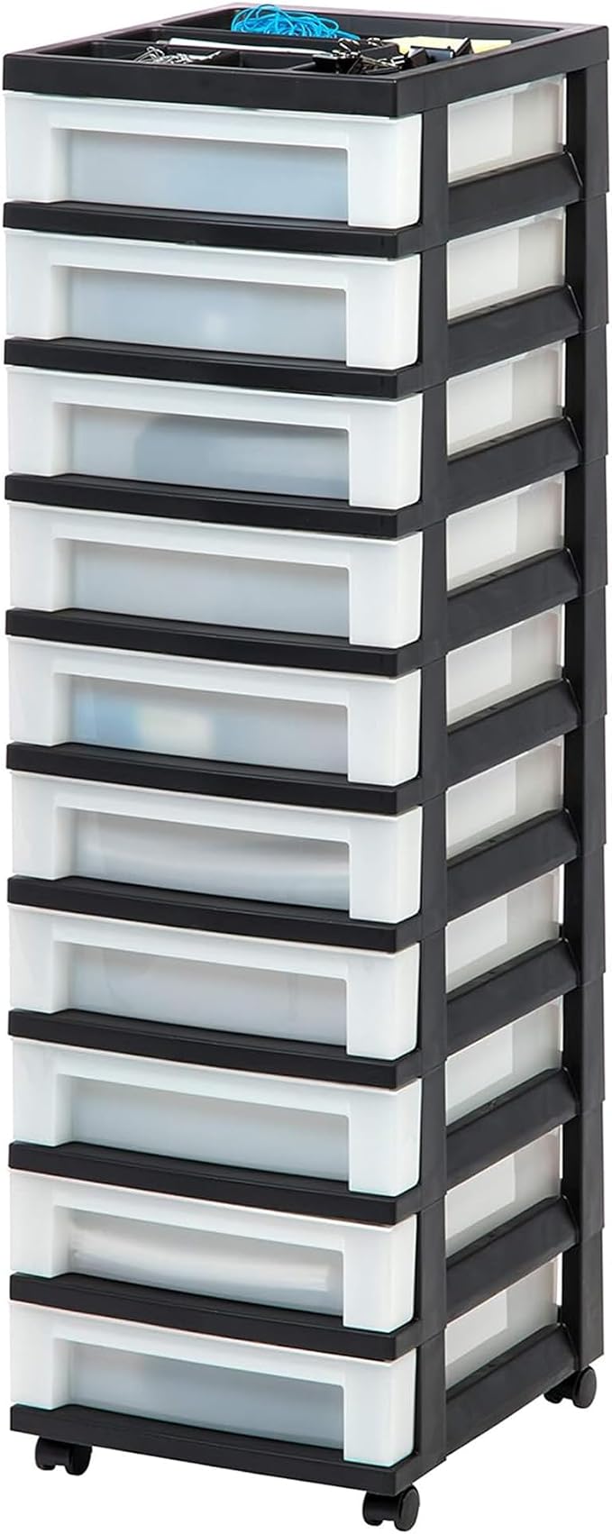IRIS USA Plastic Drawer Storage Organizer Rolling Cart, 2-Pack, with Wheels Casters, 10-Drawers, for Classroom Art Craft Supplies Dresser Closet Bathroom Laundry Room, Black/Pearl