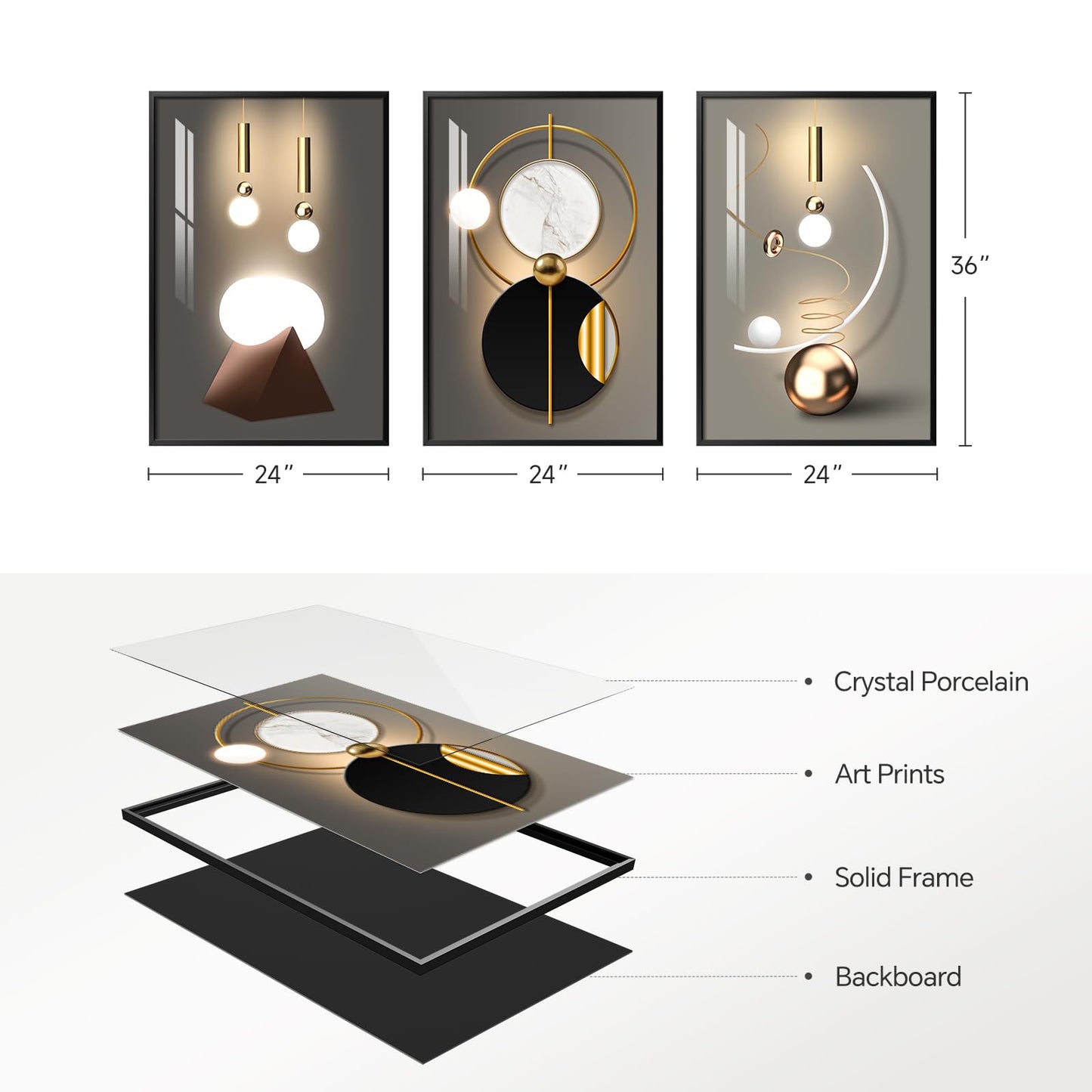 Framed Large Modern Abstract Wall Art for Living Room, Set of 3 Piece Black and White Gold Luxury Artworks, Geometric Painting Print for Dining Room Entryway Hallway Home Office Wall Decor, 24x36 In