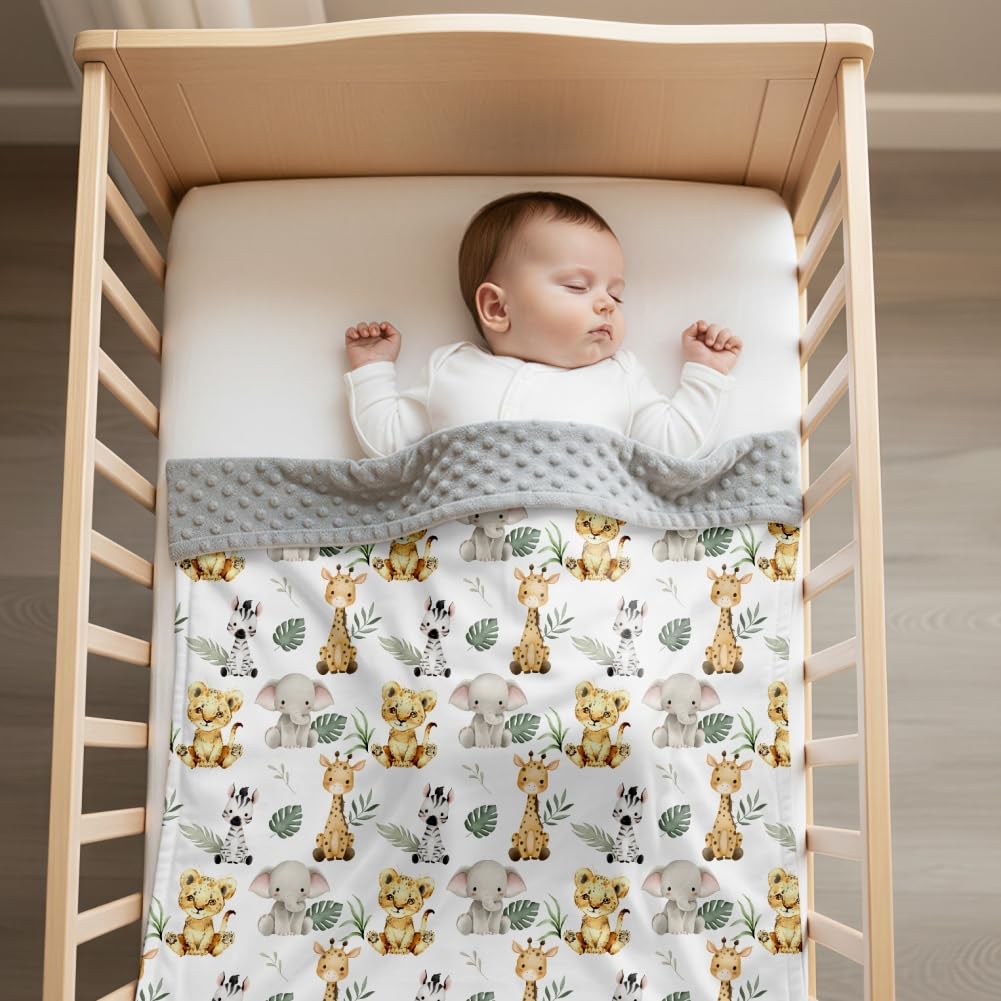 FIGEPO Safari Jungle Animals Baby Blanket Gender Neutral Blankets for Newborn Baby Girls or Boys Nursery Toddler Double Layer Blanket with Dotted Backing and Animal Printed (Animal 1)