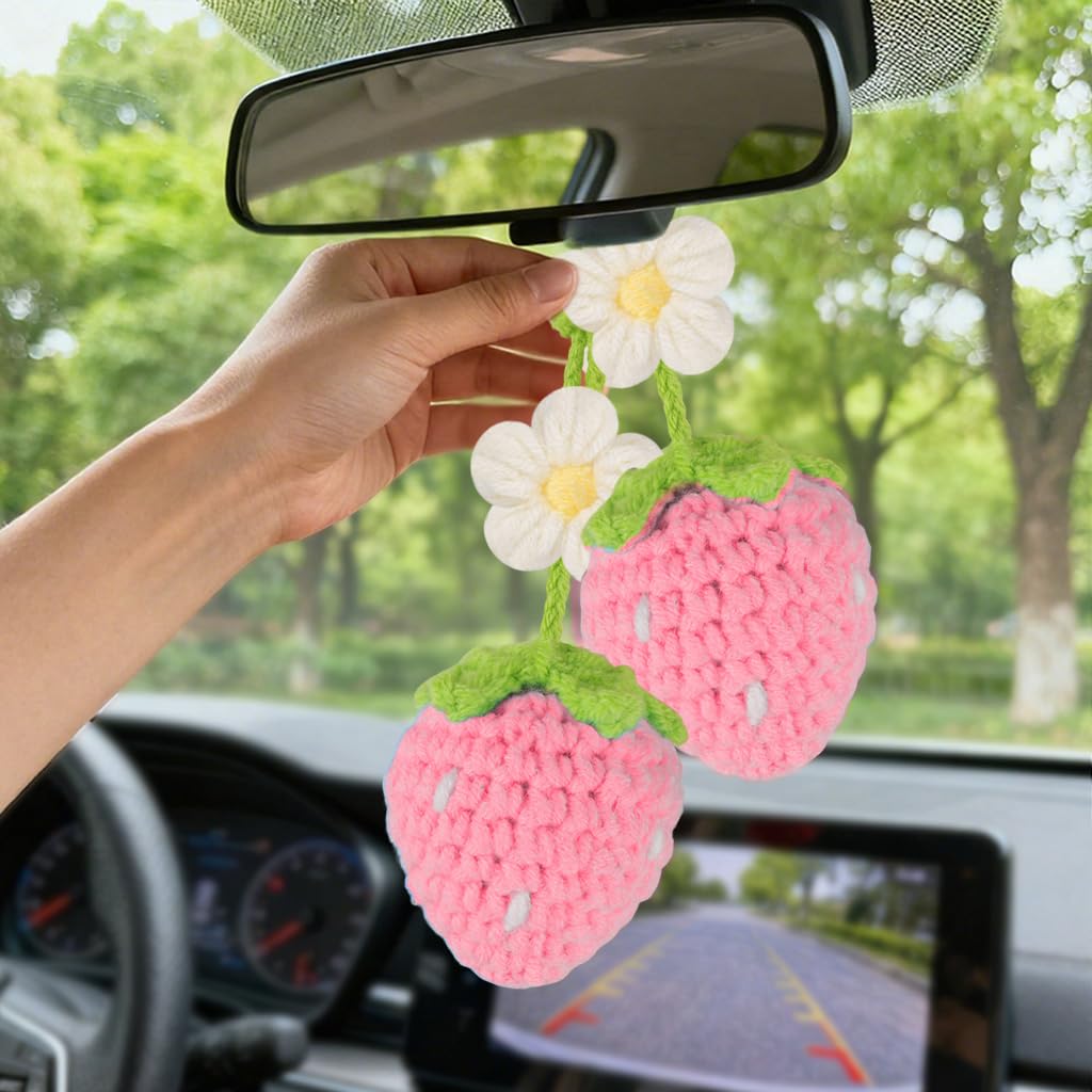 Ytanhr Crochet Strawberry and Flower Car Hanging Ornaments, Aesthetic Rearview Mirror Hanging Accessories, Handmade Car Decor 2-Pack, Pink