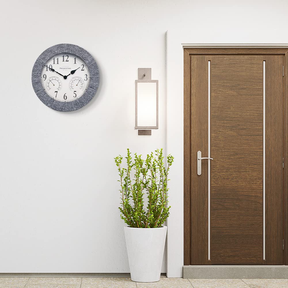 Presentime & Co Sandstone Outdoor Clock with Thermometer & Hygrometer as All in one Weather Station, 14", Gray Sandstone Finish. Weather Thermometer, Outdoor Décor, Wall Décor.