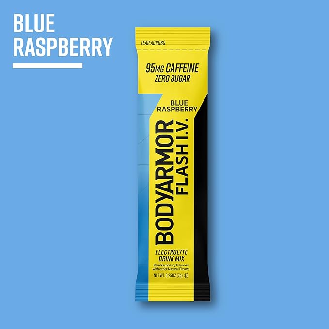 BODYARMOR Caffeinated Flash I.V. Electrolyte Packets Blue Raspberry - Zero Sugar Energy Drink Mix, Single Serve Packs, Hydration for Pre Workout, Travel Essentials, Active Lifestyle (6 Count)