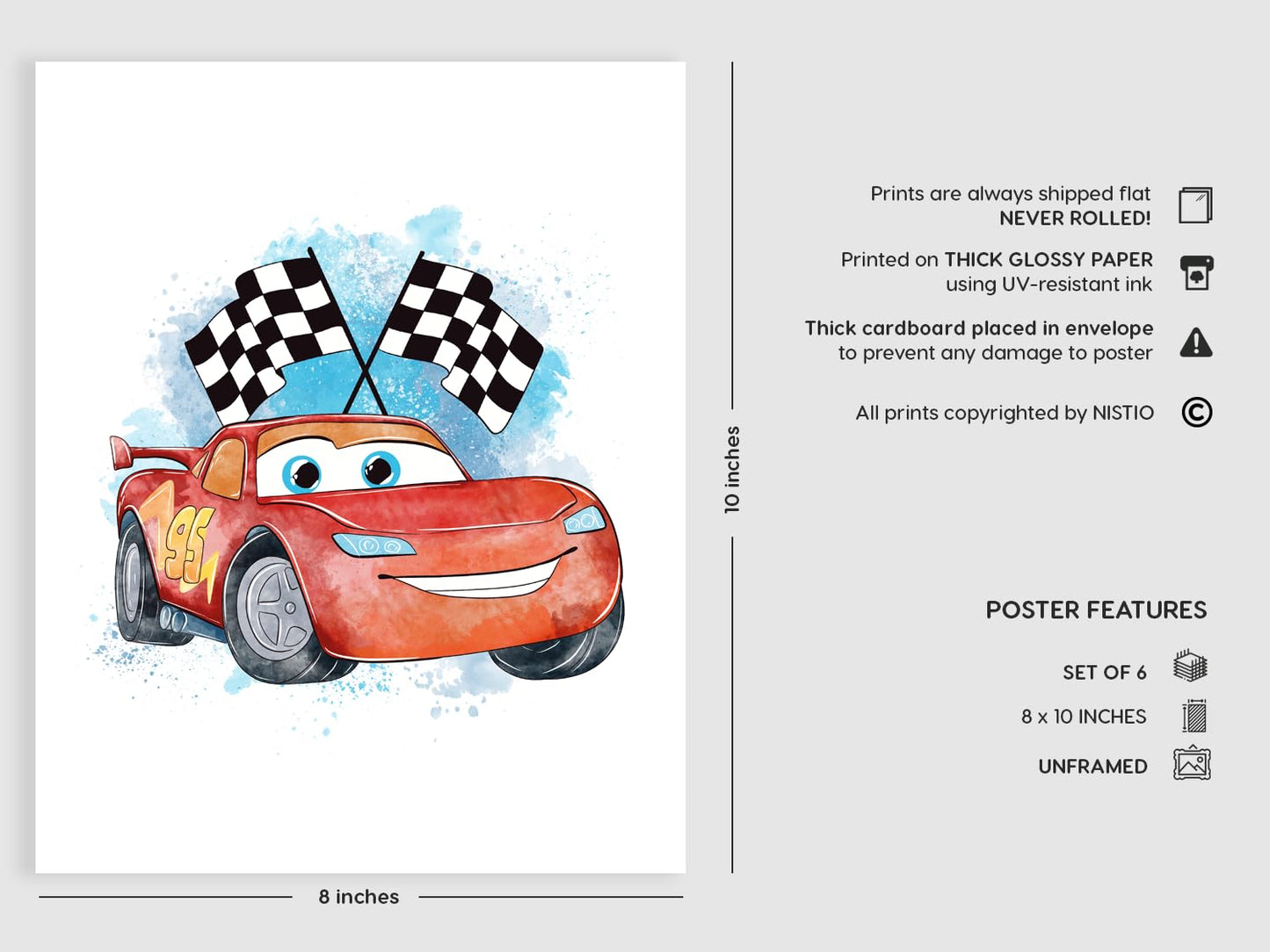 Nistio® Cars Movie Poster Prints, Cars Movie Poster Wall Art Decor, Lightning McQueen, Set of 6, 8x10 inches (Unframed)