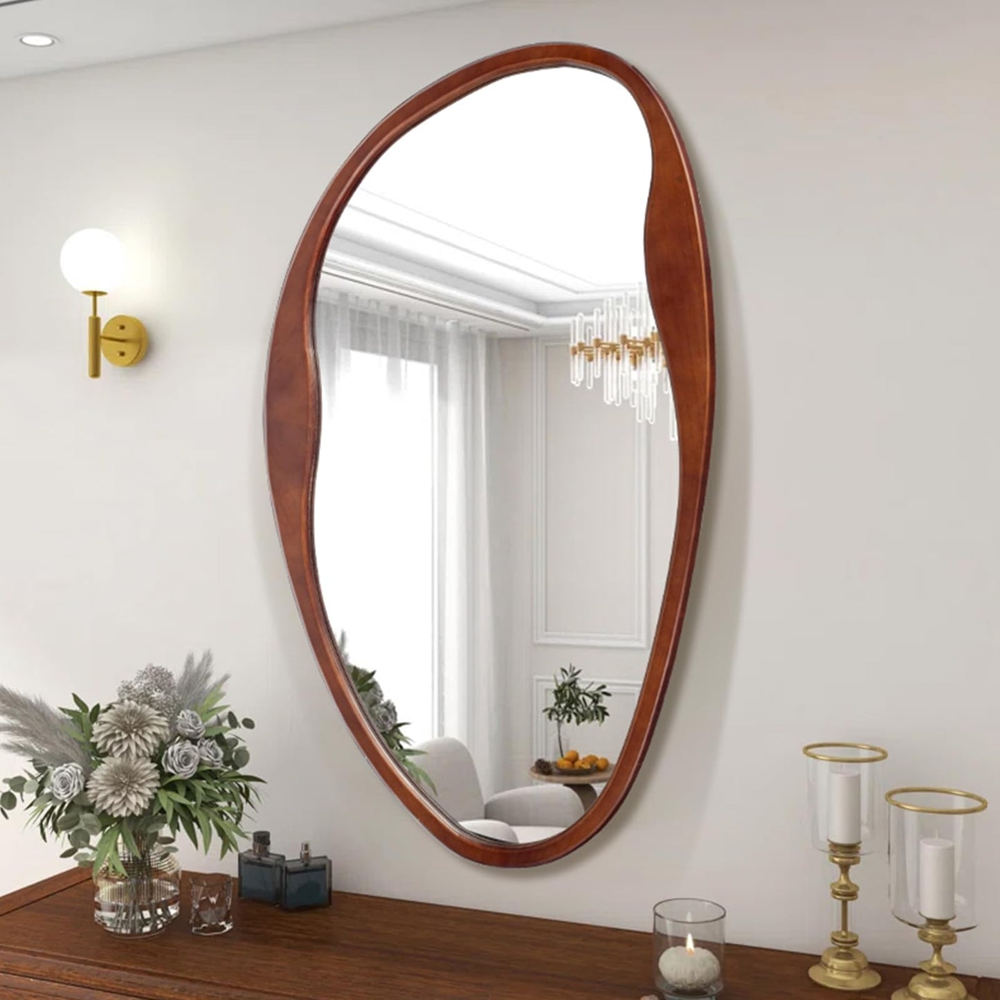 Fitous Asymmetrical Wood Mirror, Irregular Wall Mirror, Walnut Wooded Framed Wave Mirrors for Bathroom, Bedroom, Living Room, Entryway, Farmhouse Mid Century Modern Mirrors(36" H x 20" W)