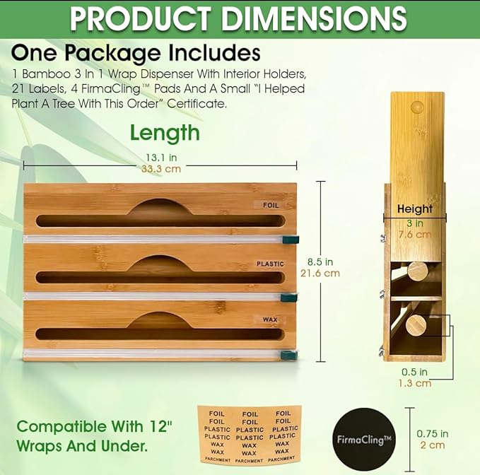 3-in-1 Bamboo Wrap Organizer with Cutters, Labels, Interior Holders, Anti-Slip Pads - Kitchen Drawer, Pantry, Storage for Plastic Wrap, Aluminum Foil, Wax Paper, Kitchen Storage, 12" Roll Holder
