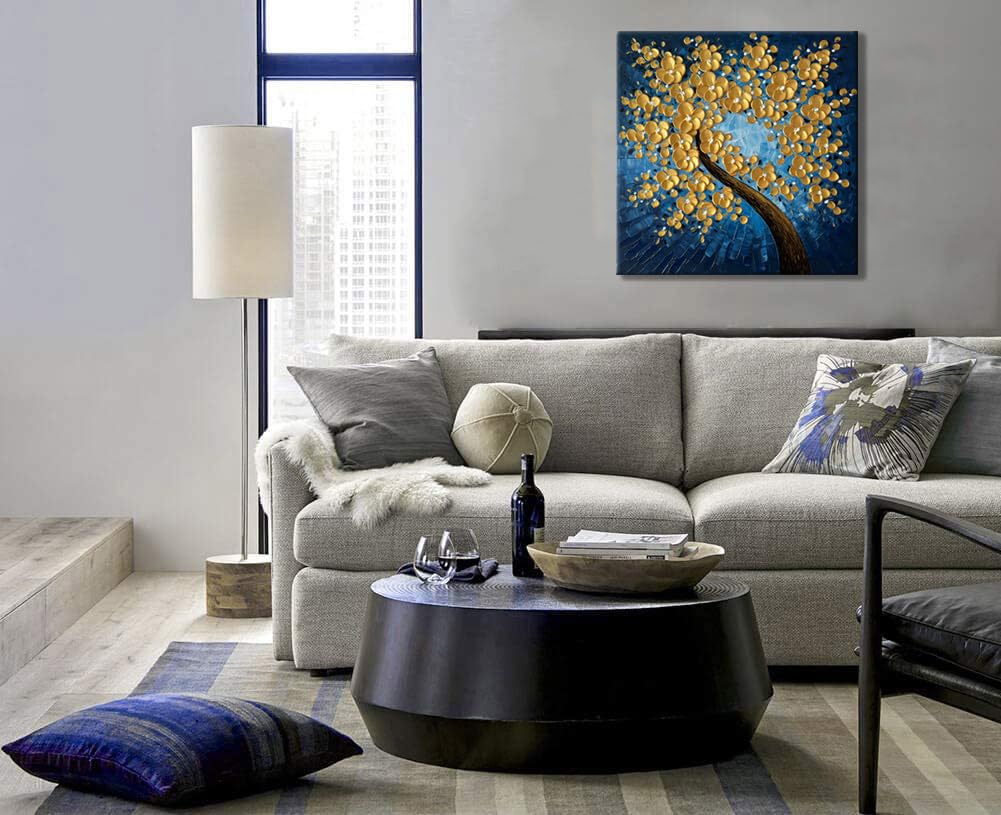 zoinart Hand Paintings 3D Flower Canvas Wall Art 24x24 Inches Abstract Gold Floral Paintings Modern Contemporary Texture Wall Art Tree Blue Artwork for Home Decorations