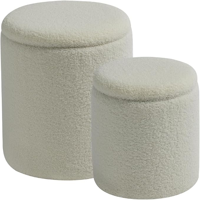 BLEXA Round Ottoman with Storage Set of 2-Upholstered Sherpa Vanity Stool for Makeup Multifunctional Ottomans Coffee Table Padded Seat Foot Rest for LivingRoom&Bedroom(Sherpa White)