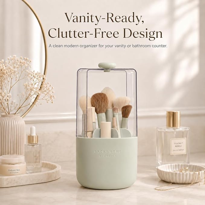 EACHY Makeup Brush Holder with Lid, 360° Rotating Vanity Organizer for Brushes, Dustproof Cosmetic Display Case, 7 Compartments, Waterproof Plastic (Green)