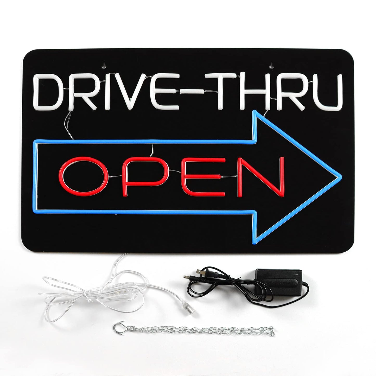 JFLLamp Large Drive Thru Open Neon Signs for Wall Decor Neon Lights for Bedroom Led Signs Suitable for Drive Thru Open Office Man Cave Bar Christmas 12V Power Adapter, 23.2*15Inch(Red + Blue+ White)