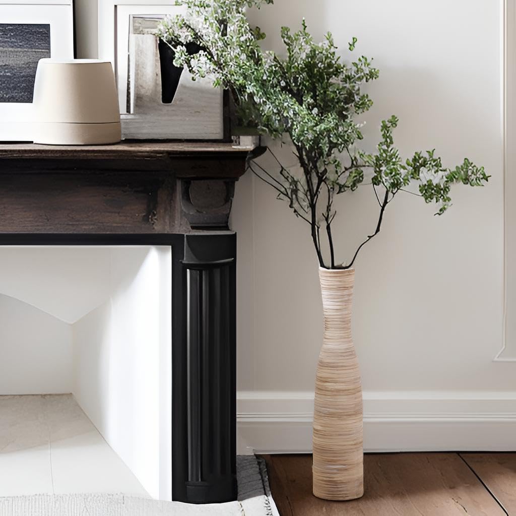 ALMA 16" Tall Floor Vase for Pampas Grass,White Brown Ceramic Centerpiece for Dresser, Skinny Pampas Grass Vessel for Floor, Entryway Table, Fireplace Decor