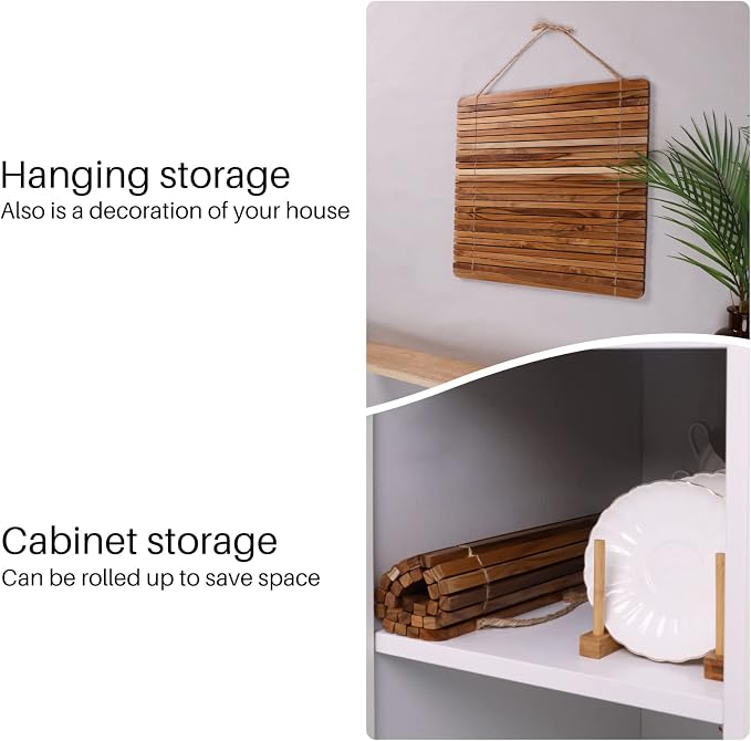 HTB Over Sink Dish Drying Rack 17.8'' x 16.1, Kitchen Teak Wood Roll Up for Dishes,Plates, Bowls, Wooden Cover Counter Space