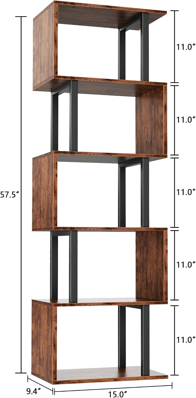 Furologee 6 Tier Bookshelf, Tall S Shaped Geometric Bookcase, Modern Display Shelf Standing Unit, Wood Metal Decorative Divider Rack for Living Room Bedroom Office, Rustic Brown
