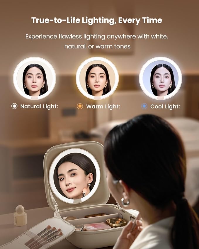 AMIRO M3 Cube Makeup Bag with Lighted Mirror, Stepless Brightness & 3 Color Modes, MagSafe Magnetic Mirror, Portable Travel Organizer with 1100lux Lighting, 4.5L Storage, Waterproof, 10 inches, White