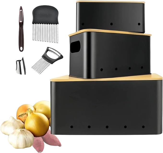 Modern kitchen storage container, stacked metal storage box, 3-piece set with wooden lid design, onion, garlic, potato metal cans, breathable storage box (Black)