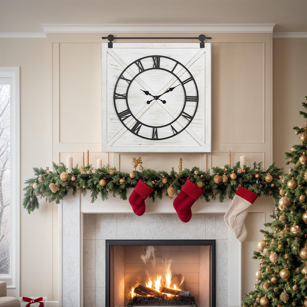 FLORA Large Farmhouse Wall Clock,Rustic Barn Door Wall Clocks for Living Room Decor, Battery Operated 29.5" H x 27" W, Whitewash