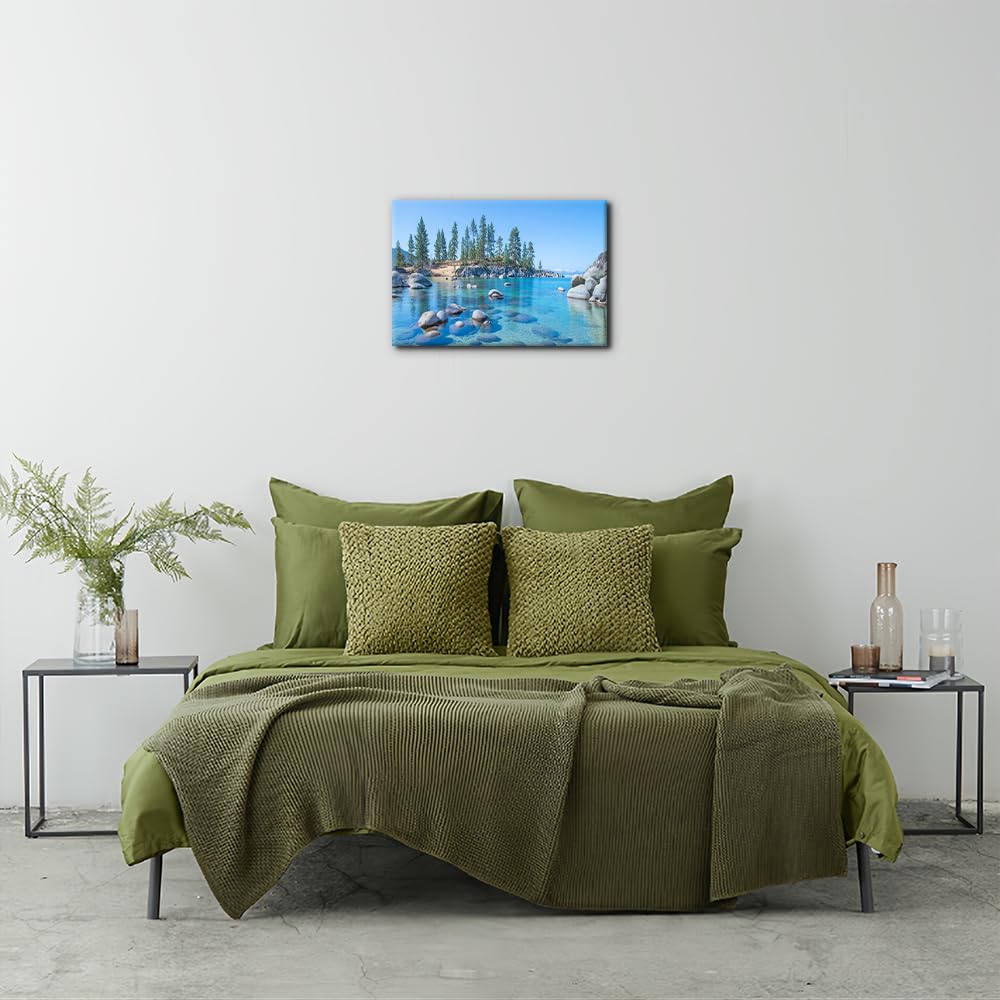 Pacimo Nature Landscape Wall Art Prints on Canvas Modern Poster for Bedroom Office Living Room - Vibrant Forest & Rocky Lake Framed Canvas Wall Art Stretch and Framed Ready to Hang 12"x18"